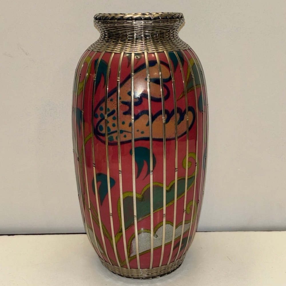 Japanese Awaji Pottery Vase with Silver Wire 10 1/4"